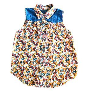 Medium Sleeveless Blouse by Mine Blue Abstract Design NEW